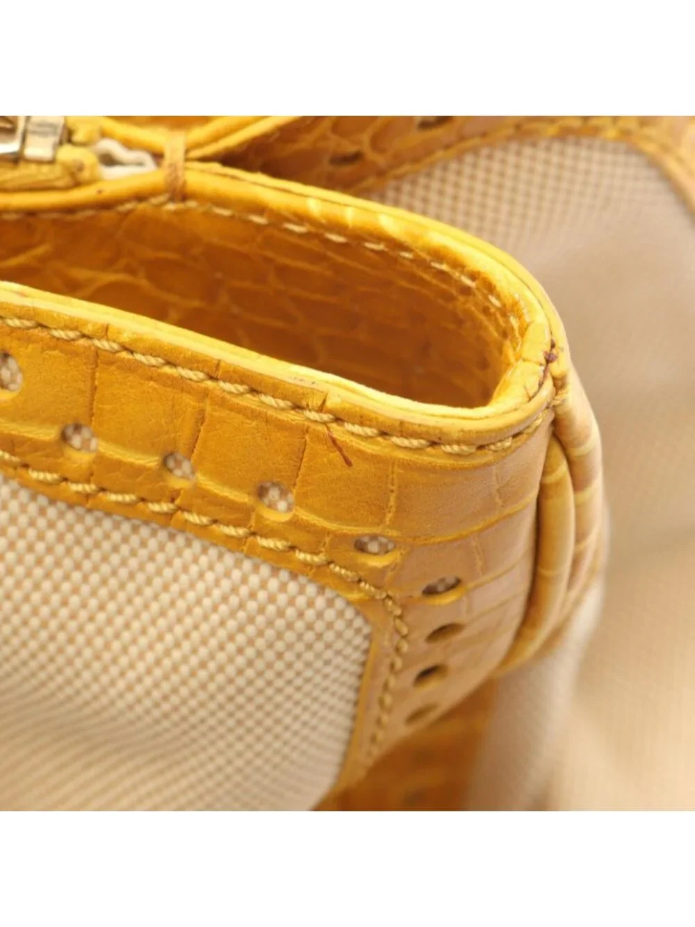 Celine Tote Croco Embossed Natural Yellow Canvas Leather